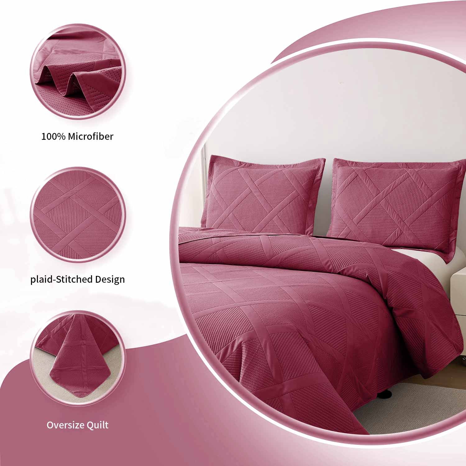 Beartech Solid Color Quilt Set Queen/Full Size Burgundy Bedspread Coverlet Microfiber Bedding Lightweight Reversible Set,Soft Bedding for All Seasons