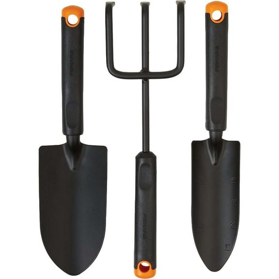 Fiskars 3-Piece Garden Tool Set - Trowel, Transplanter, Cultivator, Rust-Resistant Steel Heads, Ergonomic Handles for Planting, Digging, and Aerating Soil