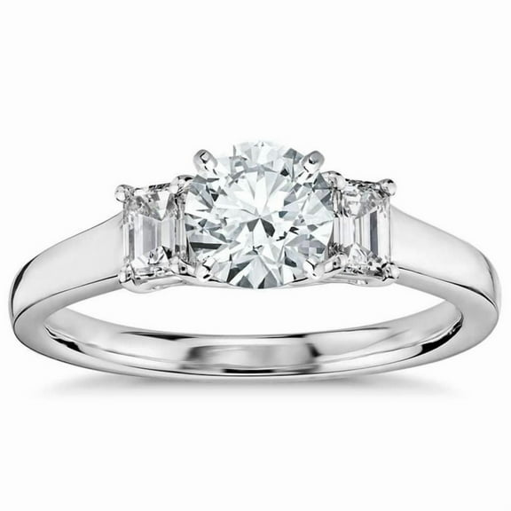 JeenMata Three Stone Round Cut Real Diamond Engagement Ring in 10k White Gold