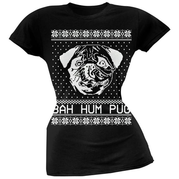 Bah Hum Pug Ugly Christmas Sweater Black Soft Juniors T-Shirt - Medium