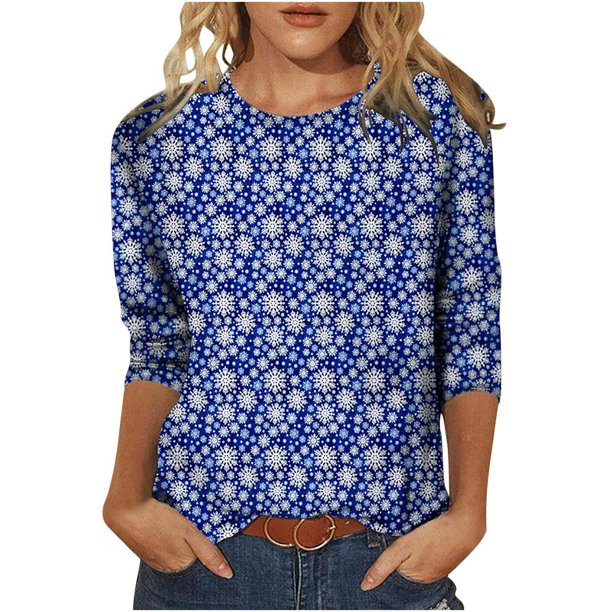 Camisas Navideñas Para Mujer Tops de Manga Larga Moda Estampado de Navidad Cuello Redondo Top Blusa Jersey Odeerbi ODB202177