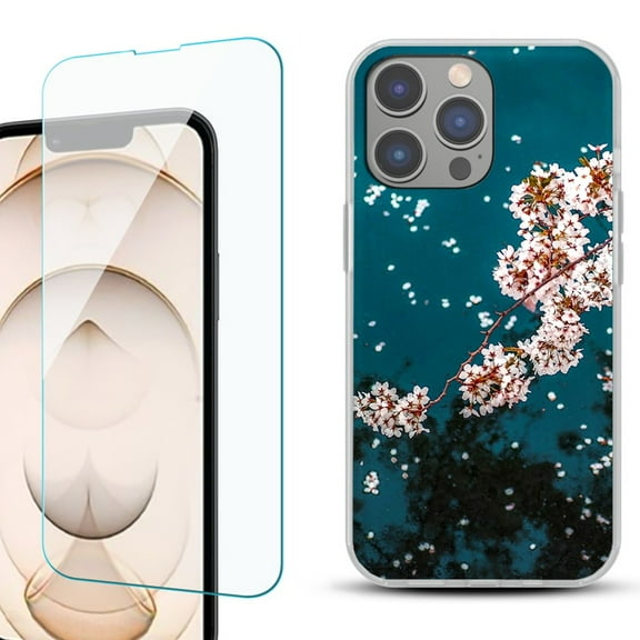 OneToughShield ® for iPhone 15 Pro Max Shockproof Fashion Phone Case, with Tempered Glass Screen Protector - Night Blossom