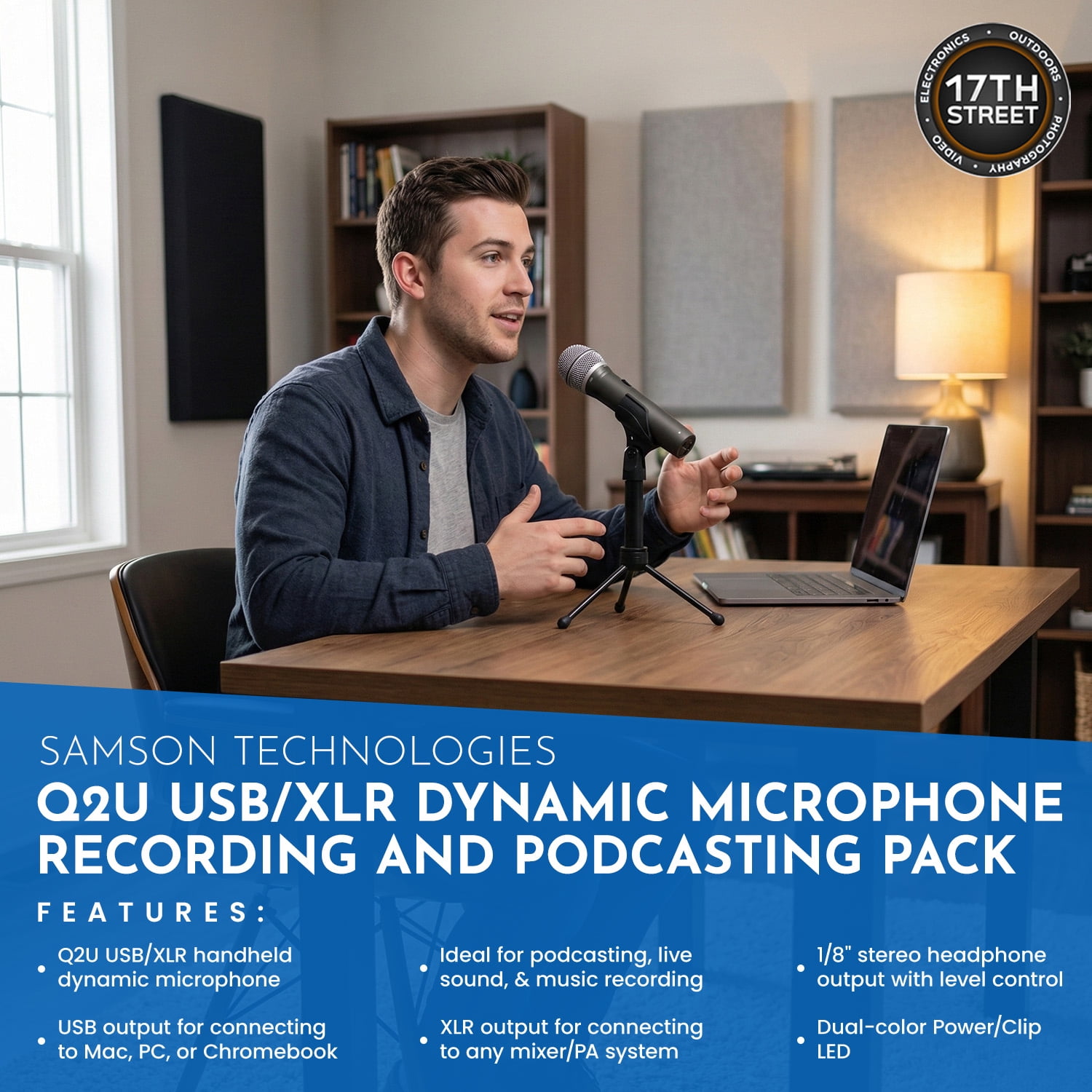 SAMSON Q2U USB/XLR Connectivity Dynamic Microphone with Accessories - PS04 Gooseneck Microphone Pop Filter, SR350 Over-Ear Stereo Headphone, Boom Arm Microphone Mic Stand & Cleaning Cloth - Bundle