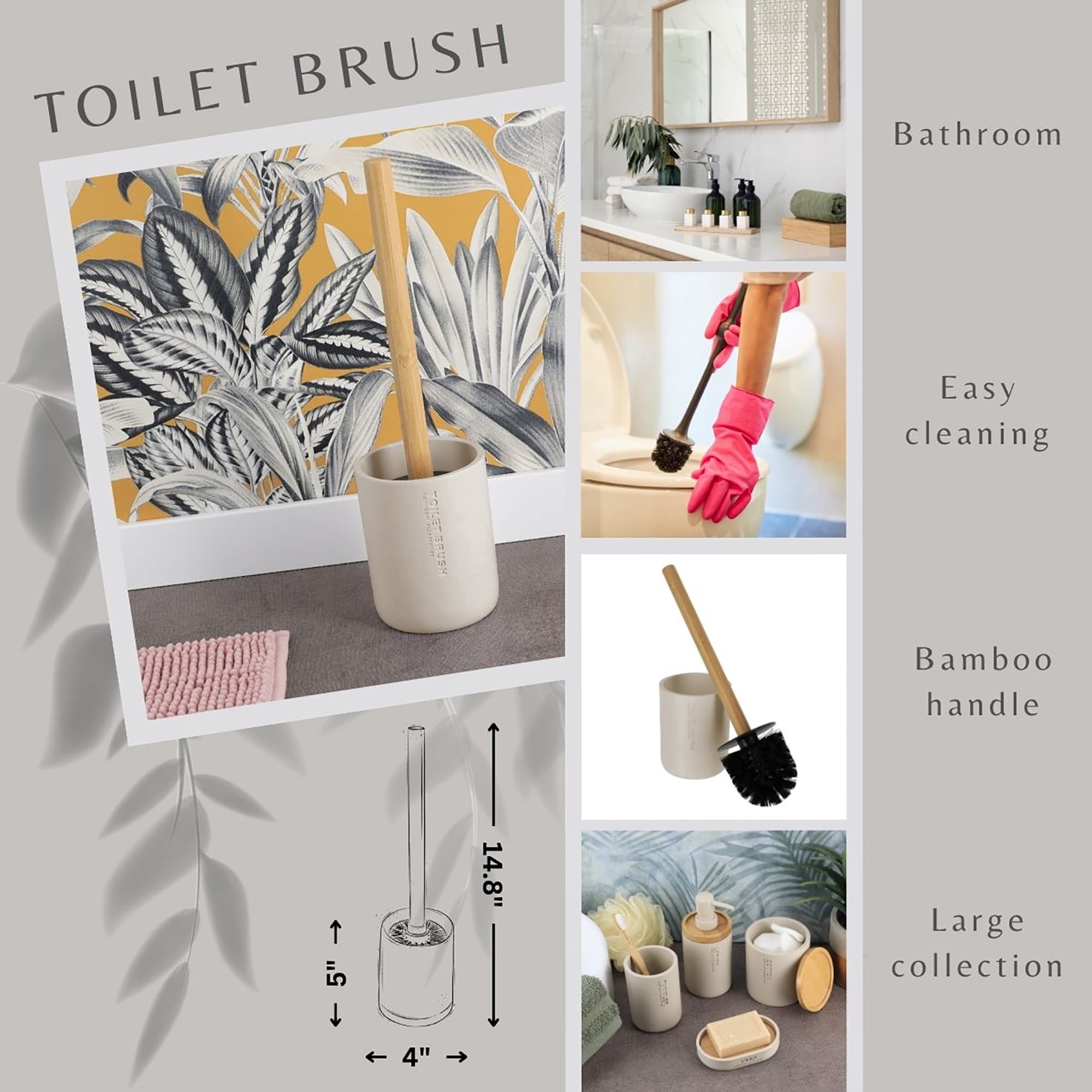 Stylish Matte Beige Toilet Brush and Holder Set with Natural Bamboo Handle - Polyresin Bathroom Cleaning Solution