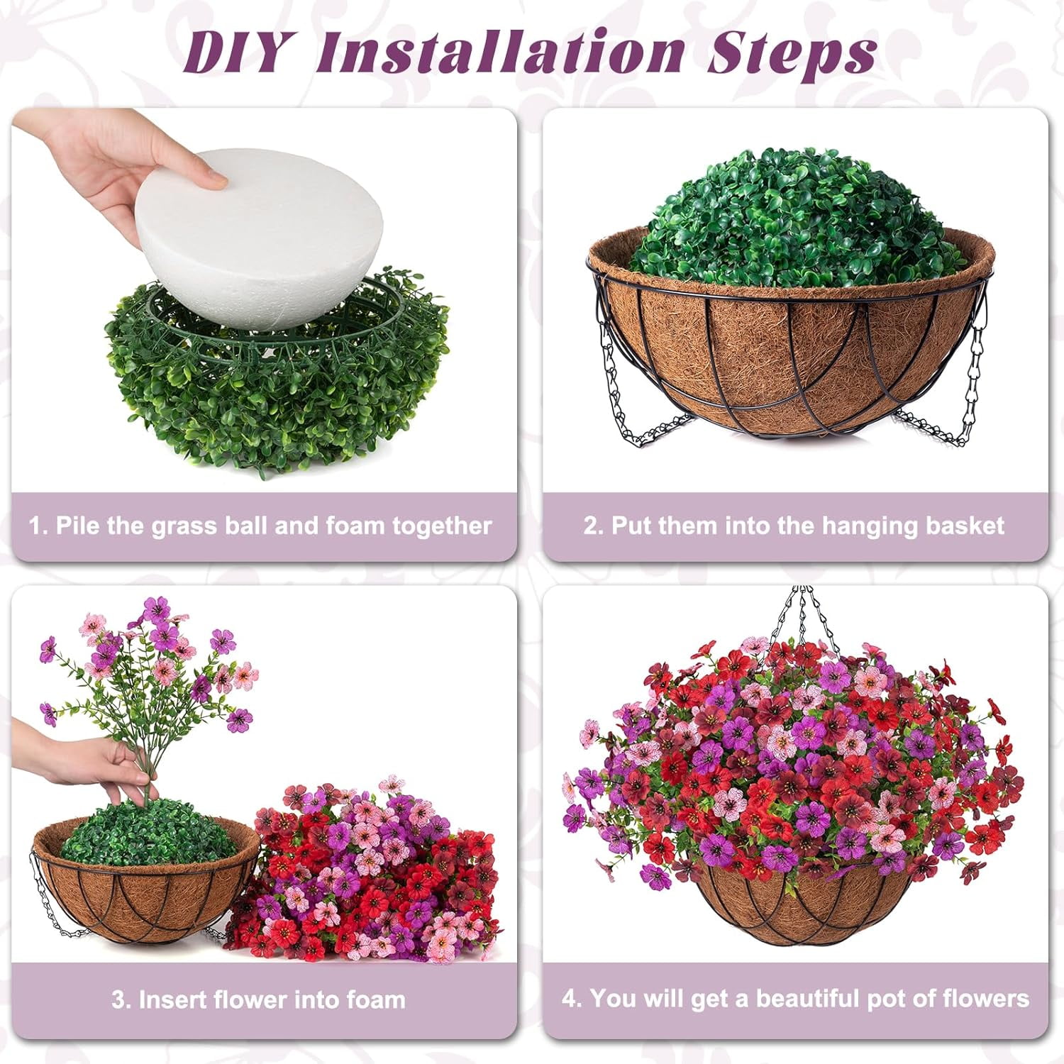 Artificial Fake Hanging Flowers Plants Baskets for Outdoor Spring Summer Decoration, Faux Silk Morning Glory in Planter UV Resistant Realistic for Home Outside Porch Patio Balcony Garden Yard