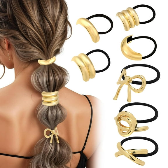 7 Pcs Gold Metal Elastic Hair Ties, with Unique Geometric Design for Thick Hair, Ponytail Cuff Holders for Women Hair Accessories