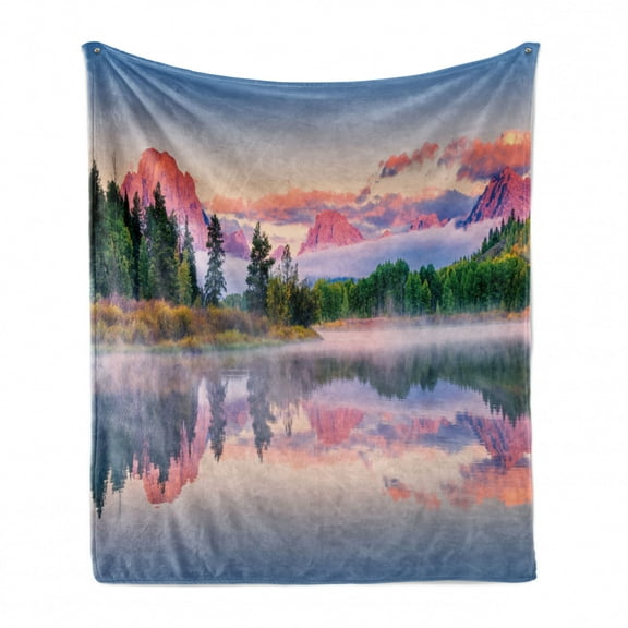 Wyoming Soft Flannel Fleece Throw Blanket, Colorful Sunrise on Calm Water of Snake River with Tone Peaks and Clouds, Cozy Plush for Indoor and Outdoor Use, 70" x 90", Multicolor, by Ambesonne