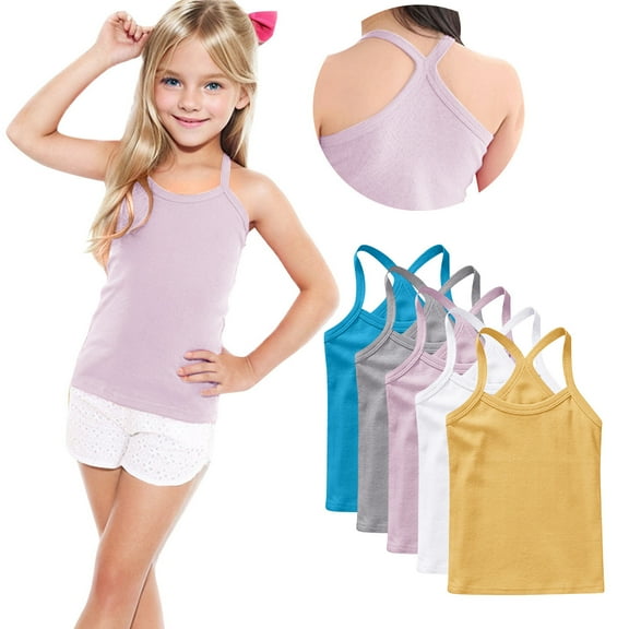 ZACPNCV 5 Pack Girls Dance Tank Tops Racerback Camisole Spaghetti Strap Camis Sleeveless Undershirts Ballet Gymnastics Wear White 6-7 Years