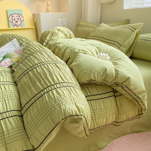White Black Stripe Ruffled Seersucker Duvet Cover Soft Princess Solid Color Bedding Set with Fitted Sheet Pillowcases Simple