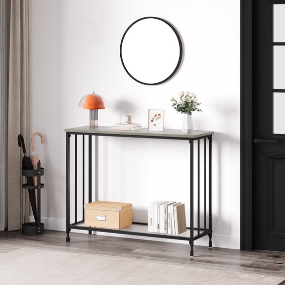 ExpanseEcho Narrow Console Table with Lower Shelf and Metal Frame, Gray