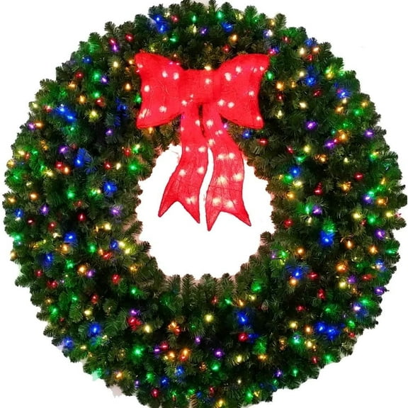 5 Foot (60 inch) Multicolor L.E.D. Christmas Wreath with Pre-lit Red Bow