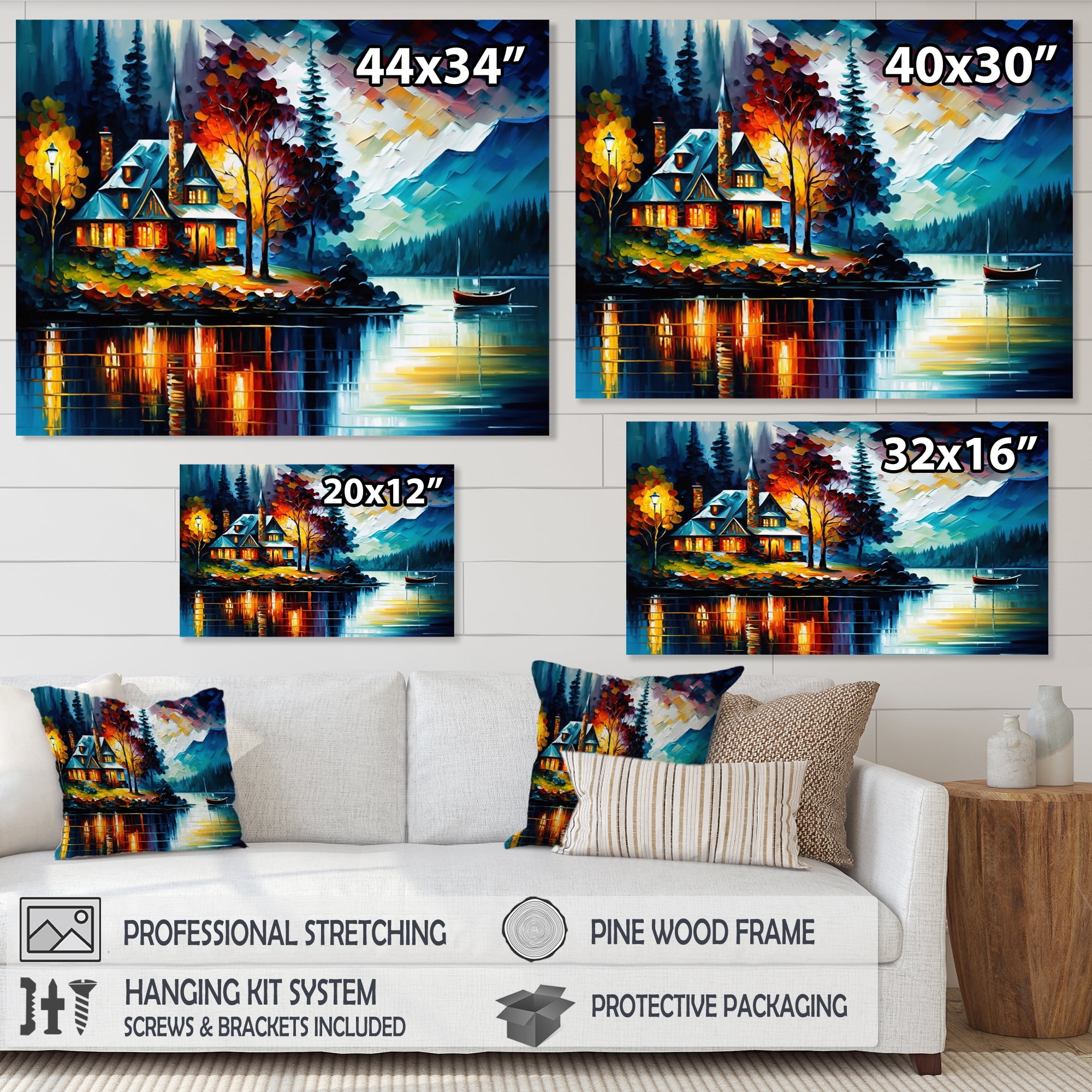 Designart Colorful Lakehouse By The Lake IV Canvas Wall Art