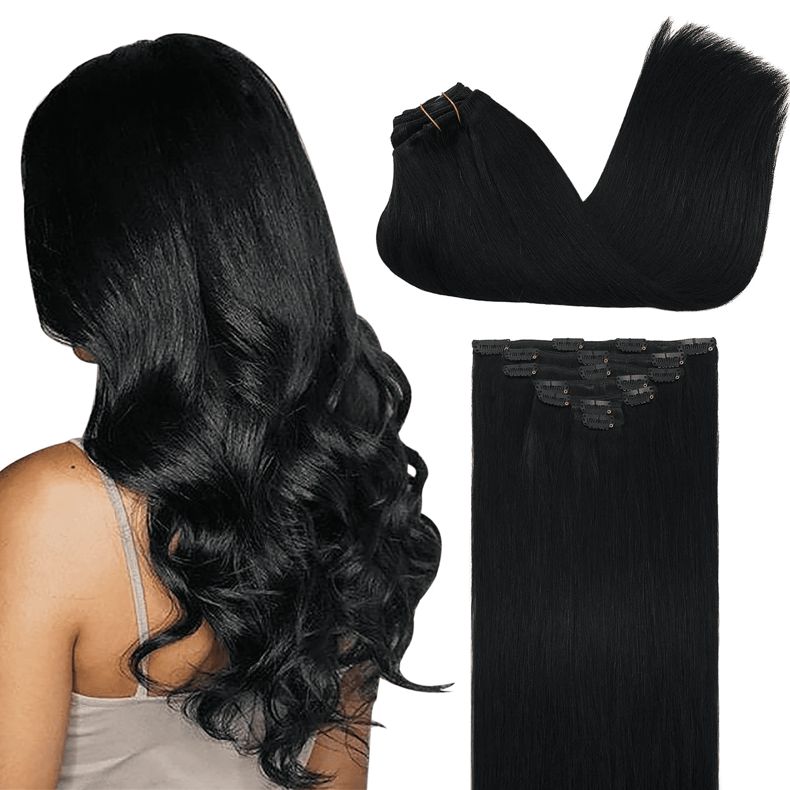 LeaLea Clip In Hair Extensions Human Hair Thickened Double Weft Remy Hair  120g 7pcs, Jet Black Full Head Silky Straight 24 inch 