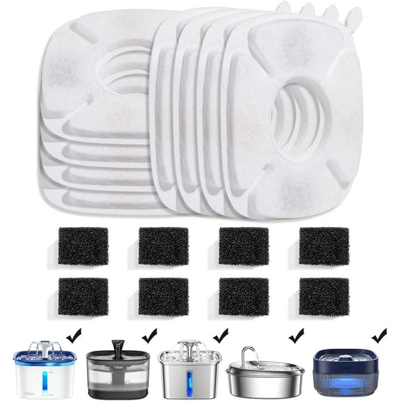Cat Water Fountain Filter, Classic 8 Pack Replacement Filters & 8 Pack Replacement Pre-Filter Sponges for 67oz, 95oz, 135oz Automatic Pet Fountain Dog Water Dispenser