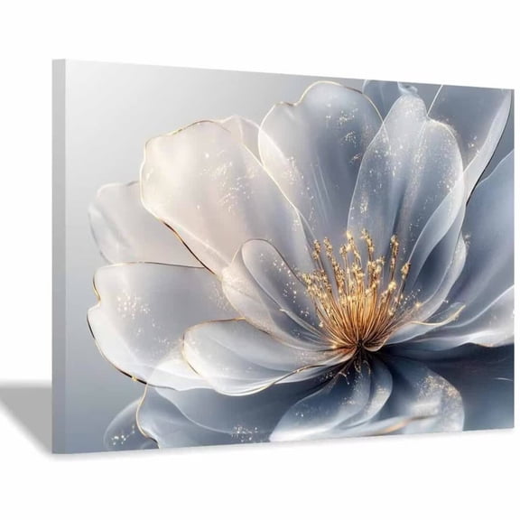 Mudket Silver Grey Flower Canvas Wall Art, Framed Floral Print, Ready to Hang Wall Decor for Living Room Bedroom, Luxury Modern Artwork - 12"L x 8"W