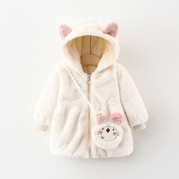 Yidarton Girls Plus Velvet Cotton-padded Jacket With Bag Children Baby Solid Color Hooded Mao Mao Coat Beige