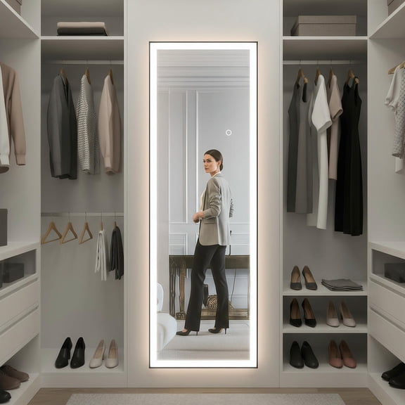 YYAo 56*18" Rectangle Full-length Mirror with Black Framed and Led Lights, Vanity Mirror for Bedroom, Living Room, Dorm, Black