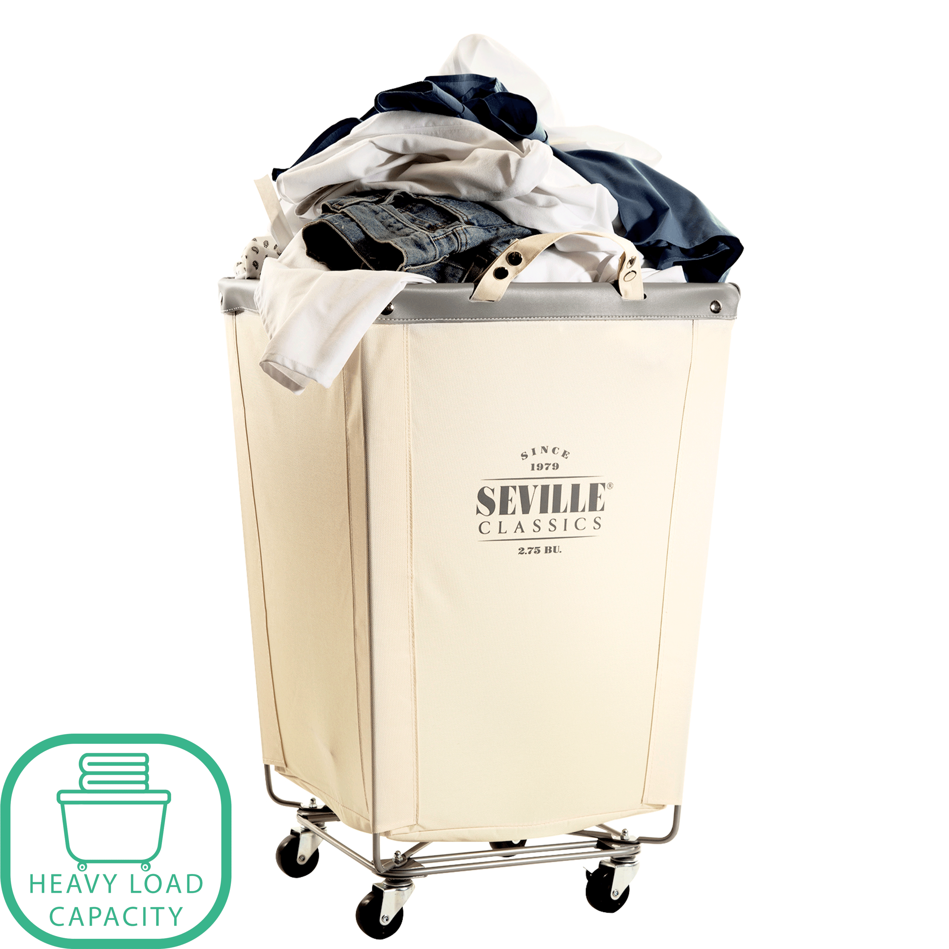 Seville Classics Large Commercial Heavy Duty Rolling Steel Frame Laundry Hamper Canvas Cart Bin, w/ Wheels for Hotel, Home, Closet, Bedroom (PATENTED), Cream, 18.1" D x 18.1" W