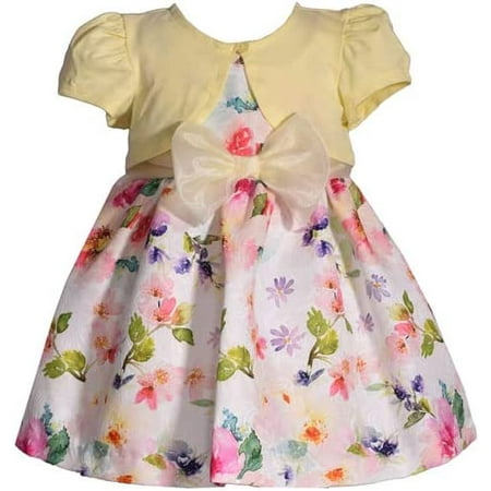 

Bonnie Jean Baby Infant Toddler Little Big Girls 2T-16 Special Occasion Short Sleeve Floral Bow Yellow Cardigan Dress