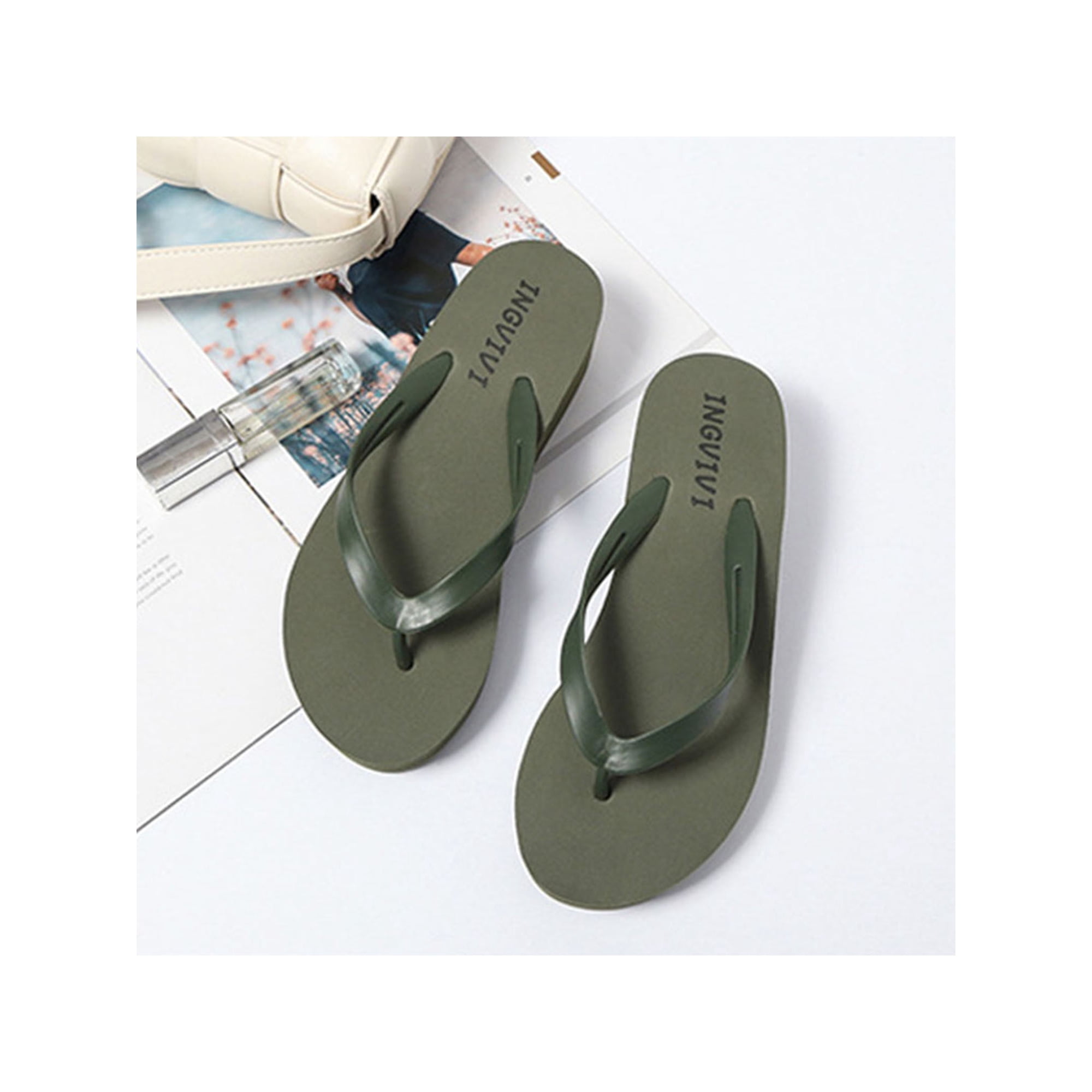 Woobling Women Flip flops Beach Summer Sandals Wedge Tongs Sandal Lightweight Footbeds Walking Comfort Slip On Casual Shoes Drak Green 6