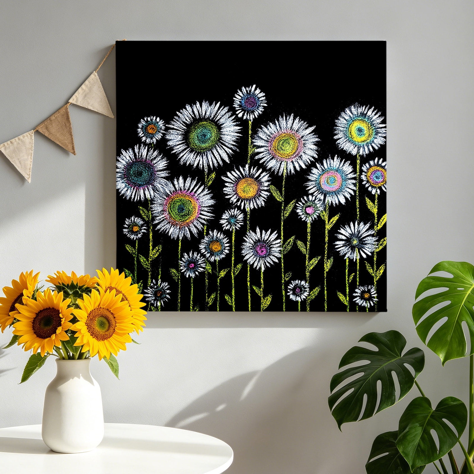 Bohemian Daisy Canvas Wall Art Pastoral Abstract Night Pink Blue Yellow Floral Green Leaf Pictures Wall Decor Wooden Framed Artwork Art Prints for Living Room Hallway Bedroom Office 10 x10