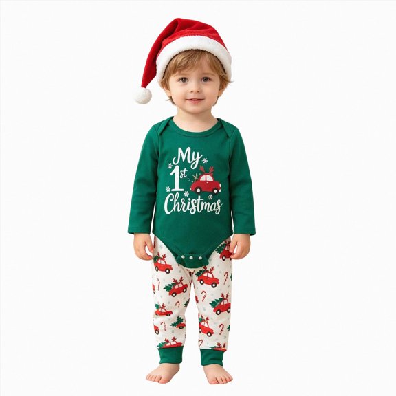 Xyant My First Christmas Baby Boy Outfit Car Printed Long Sleeve Romper Bodysuit Top Pants with Santa Hat Newborn Baby Boy Christmas Clothes Set,Size 6-9 Months