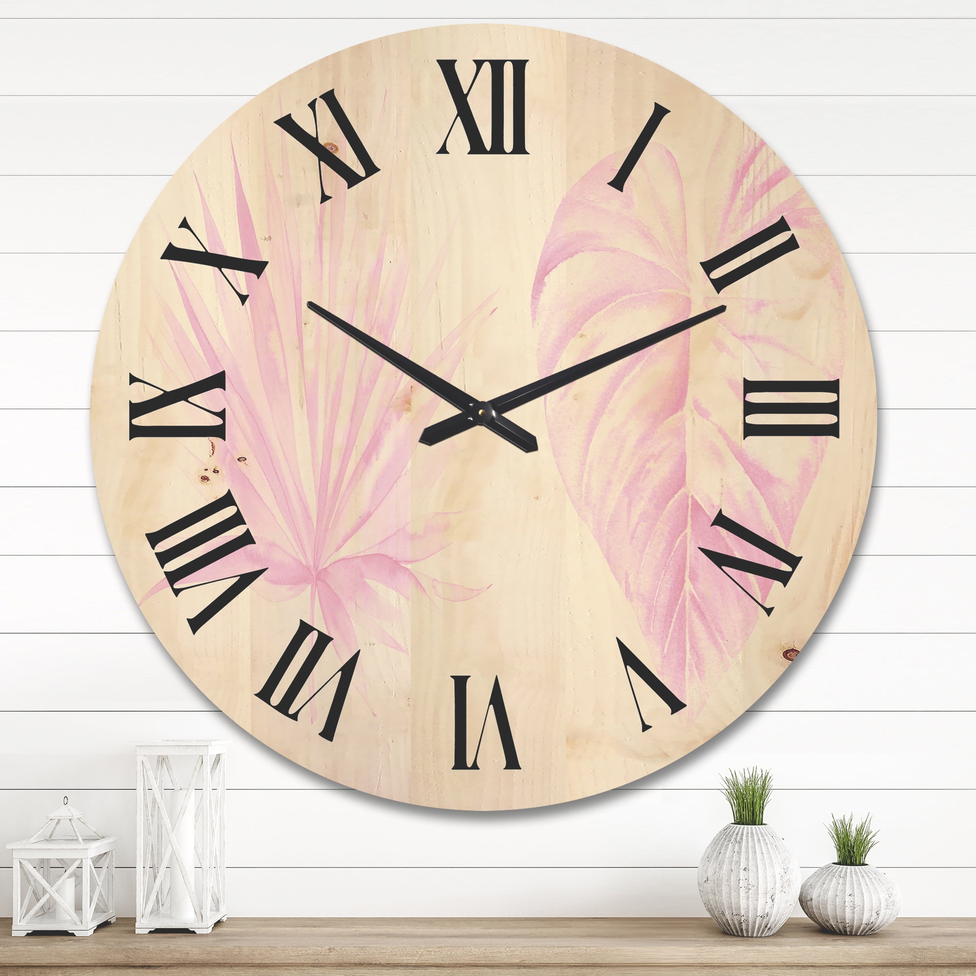 Designart 'Tropical Pink Watercolour Leaves On White II' Shabby Chic Wood Wall Clock