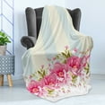 thumbnail image 4 of Vintage Soft Flannel Fleece Throw Blanket, Pink Peony Border on Vertical Striped Tile Bridal Wedding Design, Cozy Plush for Indoor and Outdoor Use, 70" x 90", Pale Pink Pale Blue, by Ambesonne, 4 of 5