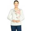 Alfred Dunner Womens Petite Floral Applique Yoke Lightweight Sweater