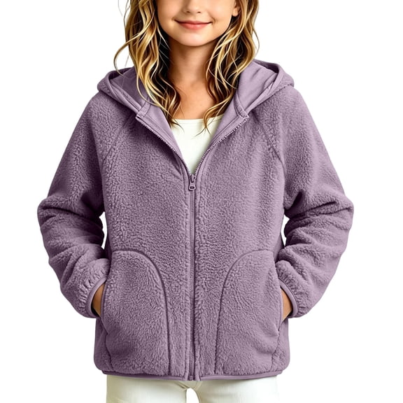 VEKDONE Boys Girls Sherpa Coat Full Zip Warm Fleece Jacket with Pockets Kids Lightweight Hooded Fall Winter Outerwear Purple,10-11 Years