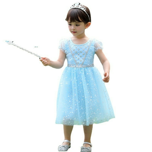 HAWEE Robe de Princesse pour Petite Fille Neige Fête Reine Costume d'Halloween Bleu Ciel