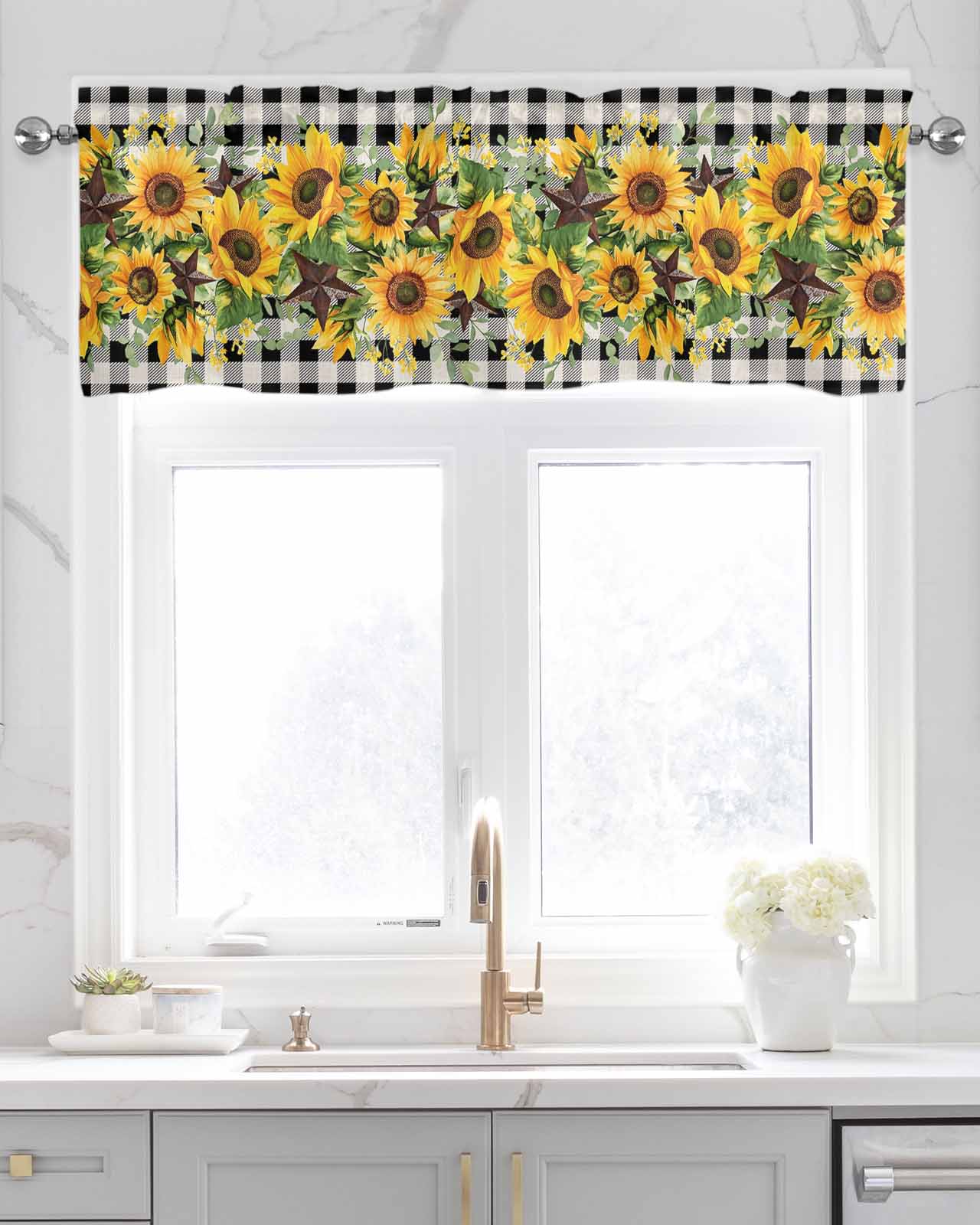 Sunflower Kitchen Valances for Windows Farmhouse Linen Window Valance Curtain for Living Room Window Treatment Rustic Brown Country Star Black Checkered Valance Rod Pocket Topper Drape, 42 x 12 Inch