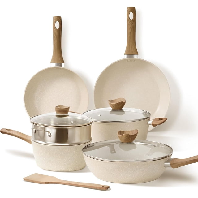 OSLIFE Batería de Cocina Ceramica de 10 Piezas con Mango Antiquemaduras y Tapa, Juego de Ollas y Sartenes Antiadherentes con Vaporera