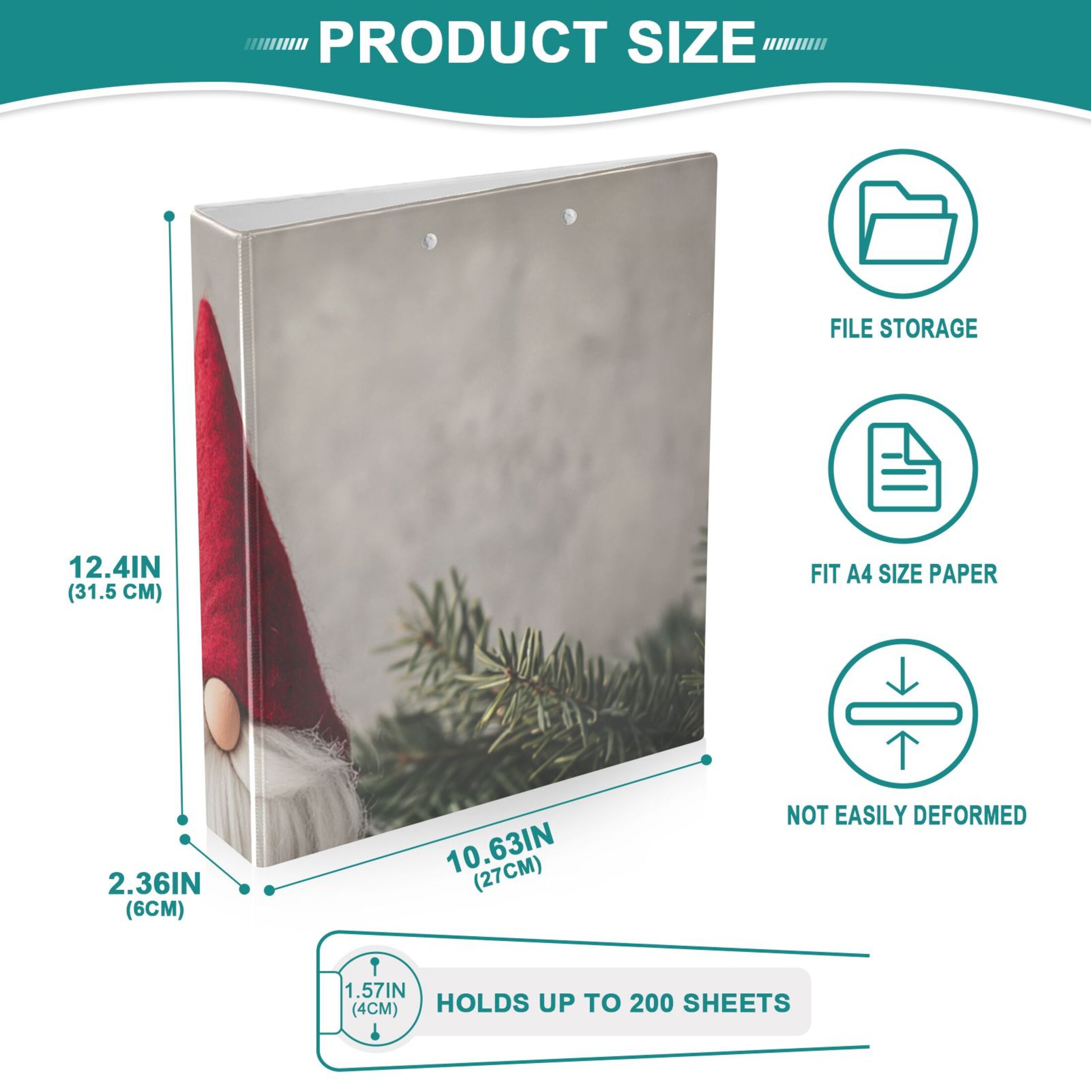 Christmas Gnome Leaves Pines 3 Ring Binders 1.5 inch Hardcover File Folders with Interior Pockets A4 Size Organizer for School Office Hospital