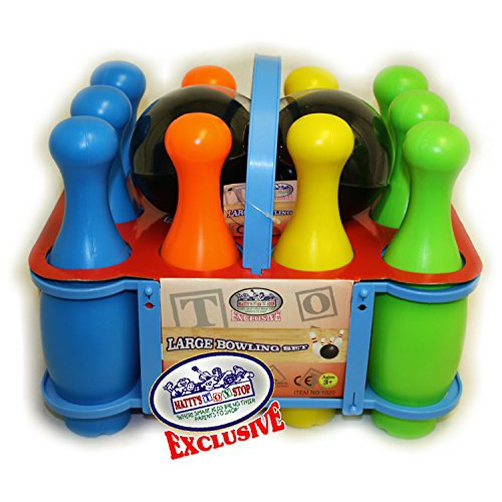 Matty's Toy Stop 10 Pin Multi-Color Deluxe Plastic Bowling Set for Kids with Storage Rack - 12