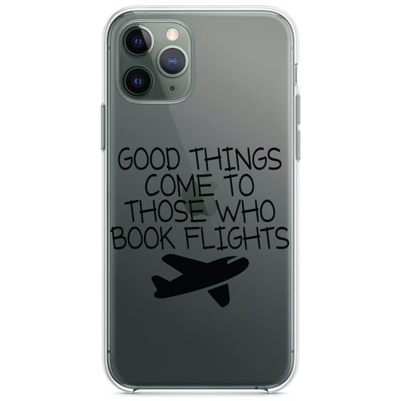 DistinctInk Clear Shockproof Hybrid Case for iPhone 12 MINI (5.4" Screen) - TPU Bumper Acrylic Back Tempered Glass Screen Protector - Good Things Come to Those Who Book Flights