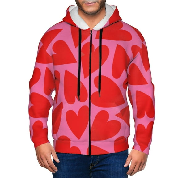 Zip Up Hoodies for Men - Red Love Heart Long Sleeve Comfrt Men'S Fashion Hoodies & Sweatshirts, Jackets for Men Hoodies Pullover Clothing Clothes with Pouch