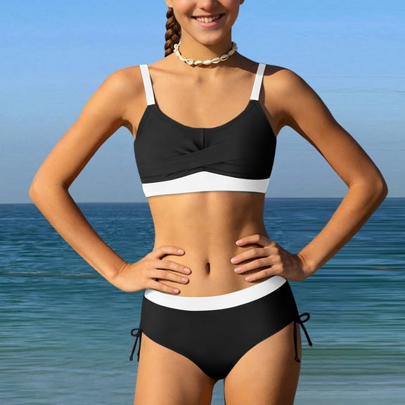Big Girls Swimsuit print Two Piece bikini set Bathing Suit solid color Sleeveless with briefs For Beach Pool Seaside