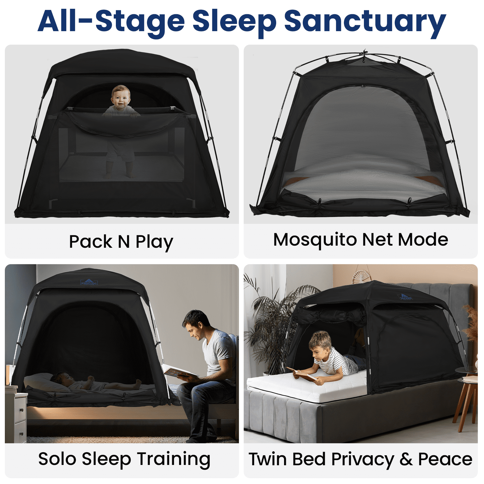 KNOCLOC Blackout Sleep Tent for Toddler Travel Bed, Pack and Play, Kids Air Mattress & Cot, CPC Certified Baby Sleep Pod with Fan Pouch Breathable Portable & Easy Setup