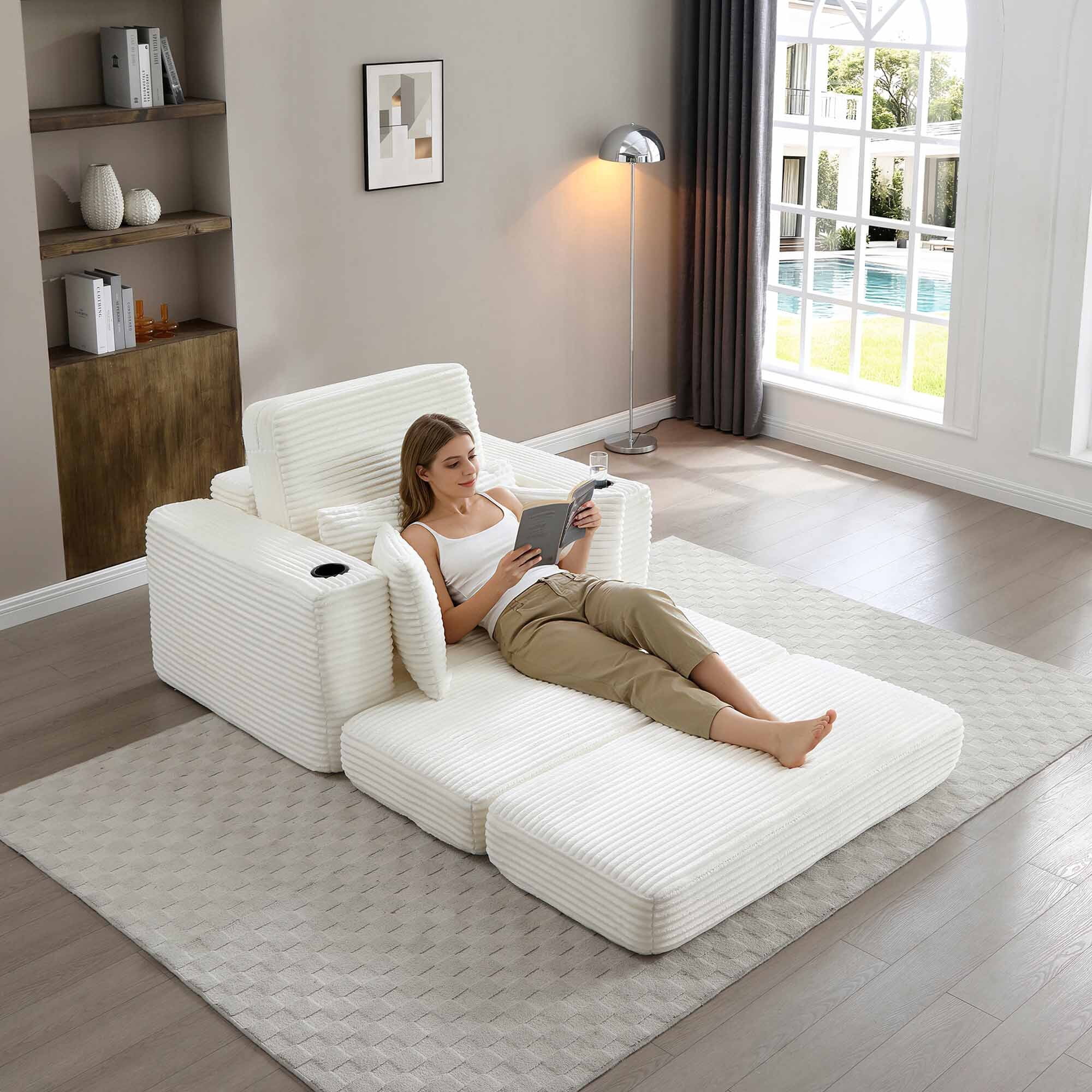 Lunale Boneless Chaise Lounge Chair with Ottoman, 52" Oversized 3-in-1 Convertible Sofa Chair for Living Room, Beige Corduroy
