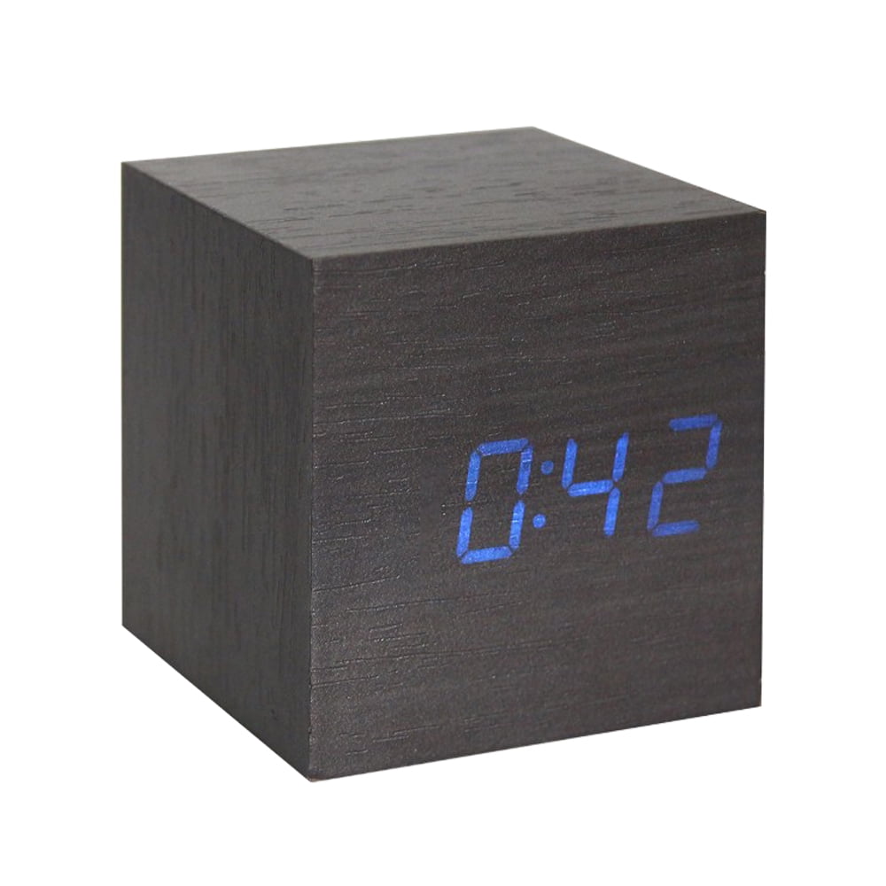 Three H Wooden Digital Alarm Clock,Cube Little Clock with LED Temperature Time Calendar image