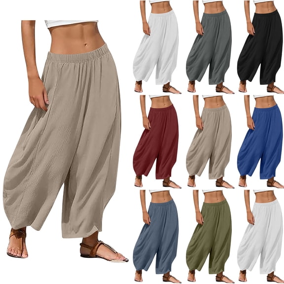 Women Palazzo Boho Pants Casual Loose Elastic Waist Harem Pant Summer Beach Travel Baggy Slacks