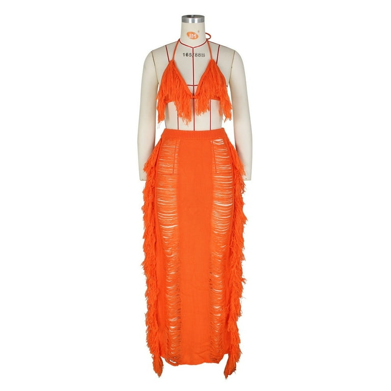 Srzymj Women's Knitted Tassel Beach Dress Long Skirt Suit Set with Flowy Design and Comfortable Fit for Stylish Outings, Size: XL, Orange