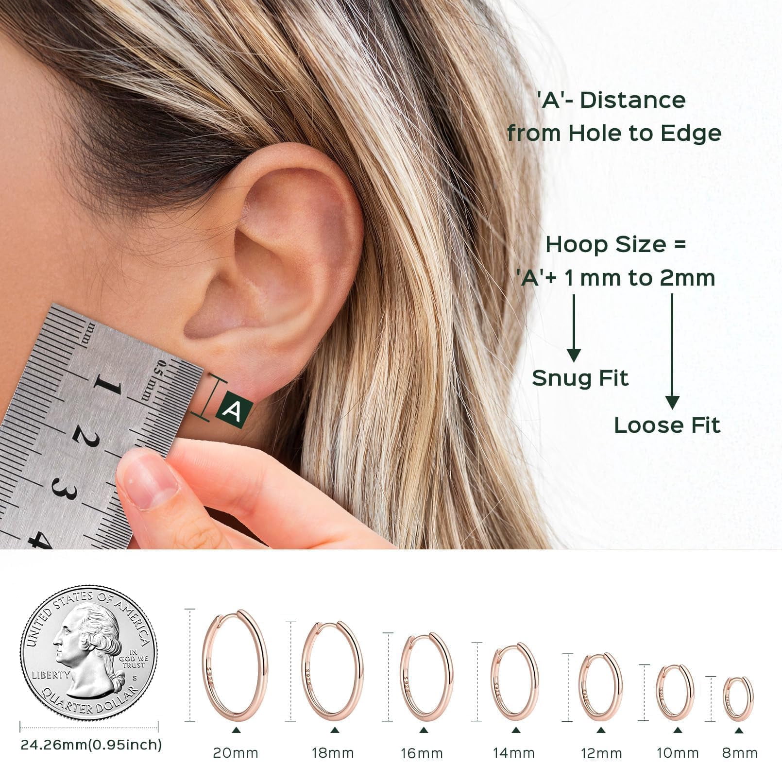 ChicSilver Rose Gold Plated Hoop Earrings for Women Hypoallergenic Rose Gold Plated Cartilage Earring 8MM Huggie Hoop Earring