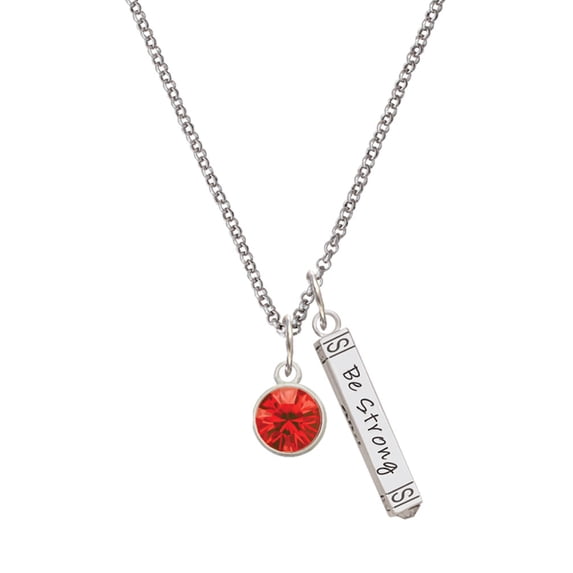 Delight Jewelry 10mm Red Crystal Drop Silvertone Be Strong and Courageous Bar Charm Necklace, 23"