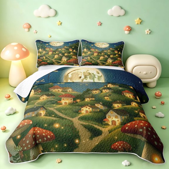 Homewish Mushrooms Moon Landscape Twin Quilt Set,Fungus Plant Twin Coverlet Set,Green Yellow,Black Reversible,2-Piece