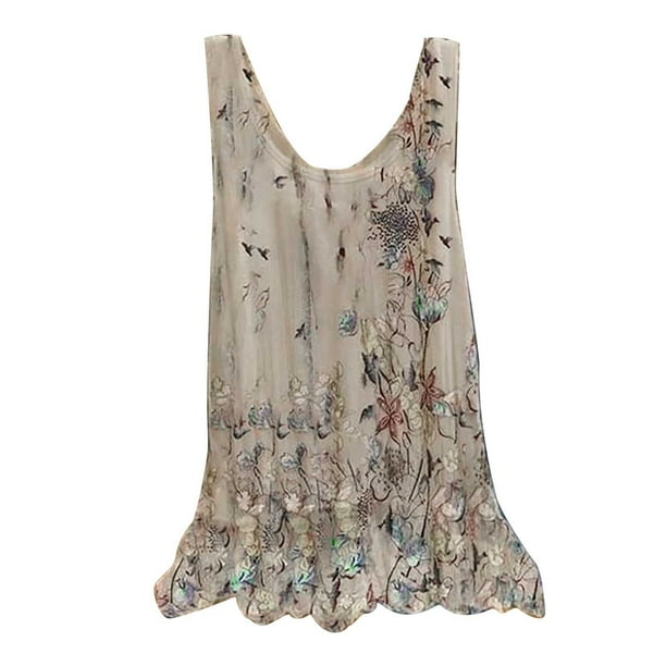 Cómoda blusa sin mangas con cuello redondo y estampado de gasa para mujer Pompotops lopia992295