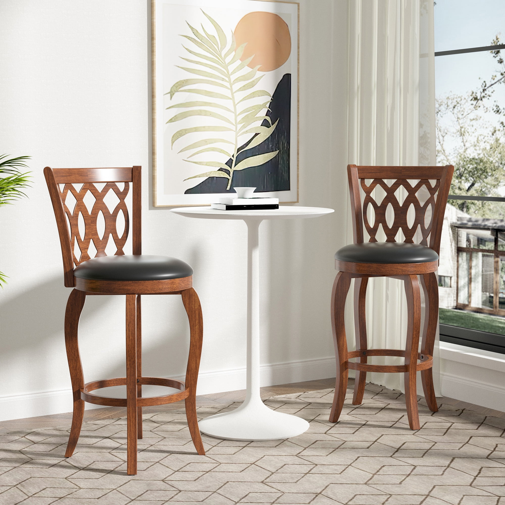 Joywind 29" Bar Height Swivel Bar Stools with High Back, Upholstered Seat & Solid Wood Footrest, Brown, Set of 2