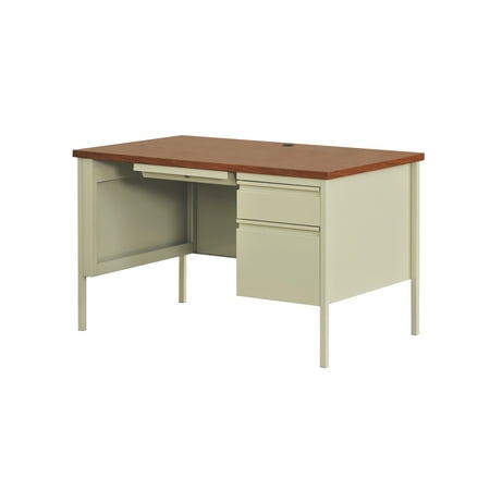Hirsh Right-Hand Single Pedestal File Office Desk with Center Drawer, 30" D x 48" W, Putty/Oak