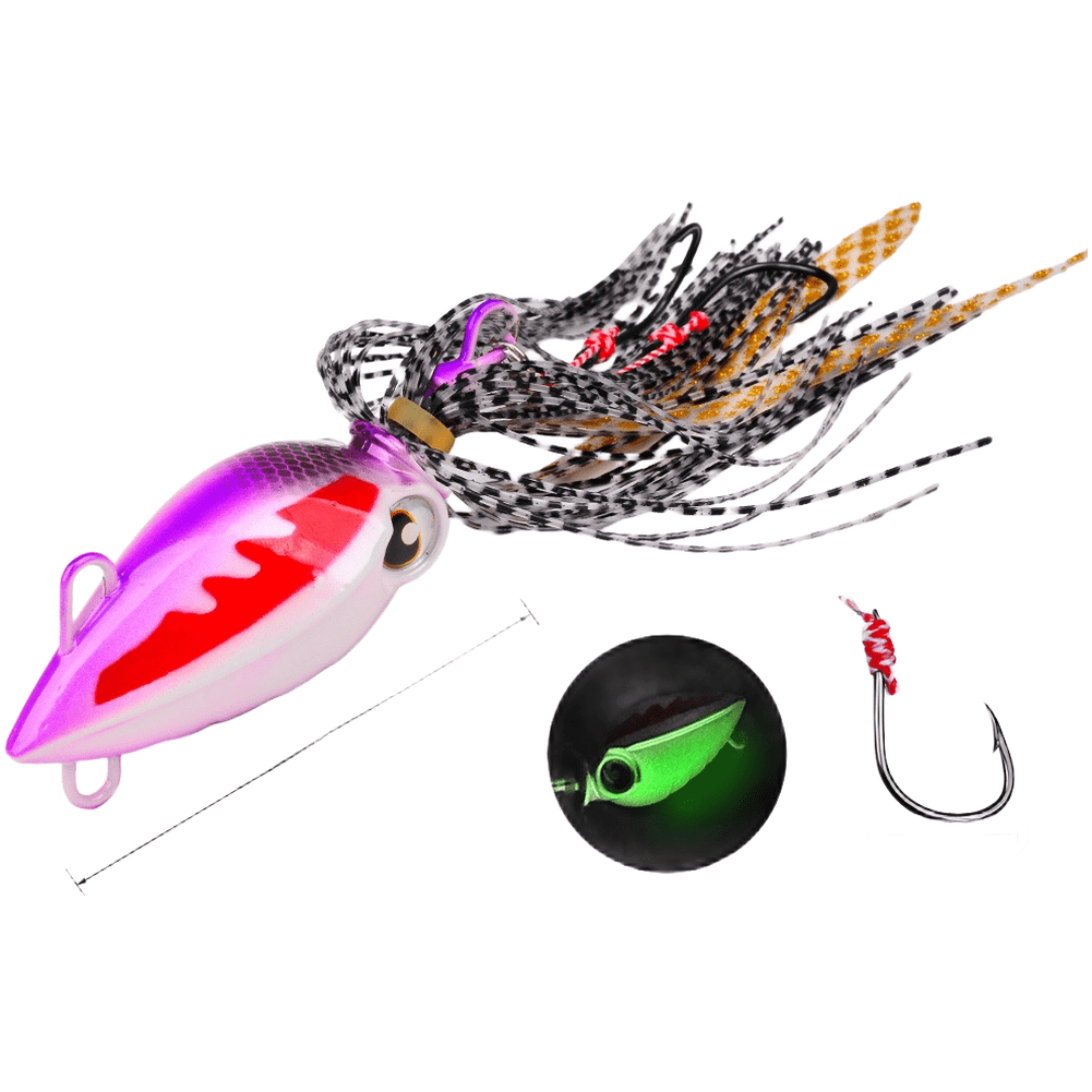Luminous Jig with Glow in Dark Technology 3D Eyes Barbed Carbon Steel Hook and Hand Tied Silicone Skirt for Predator Strike (60g Color D)